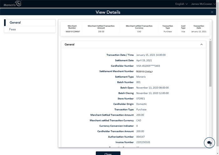 The View Details screen displays transaction details including settlement date and amount, batch information, host responses, and the fees applicable to the transaction.